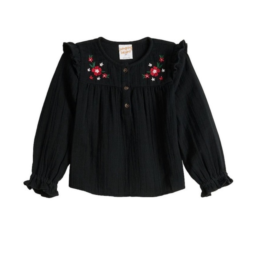 Jumping Beans Black Kids Blouse with Floral Embroidery